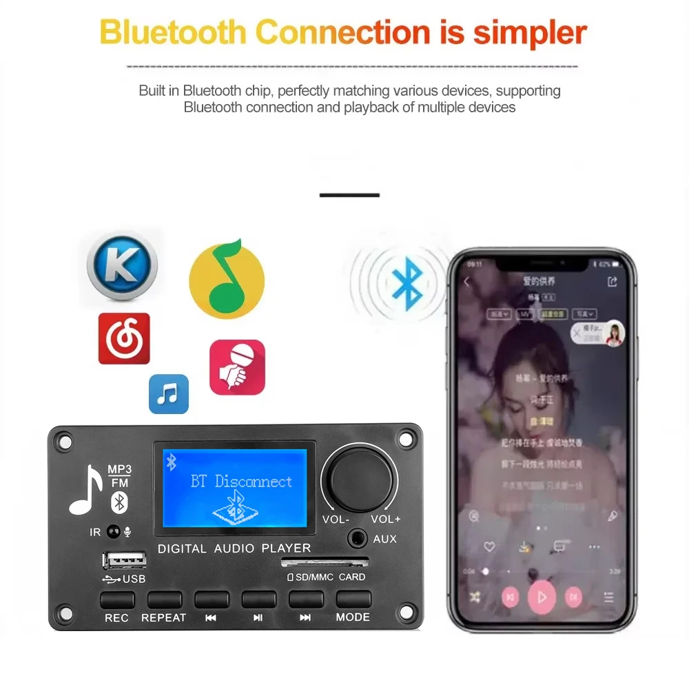 Immagine 4: Scheda Decoder Bluetooth MP3 WMA KEBIDU, Lettore MP3 Wireless 12V per Auto con Schermo LCD, Modulo Audio USB TF AUX FM