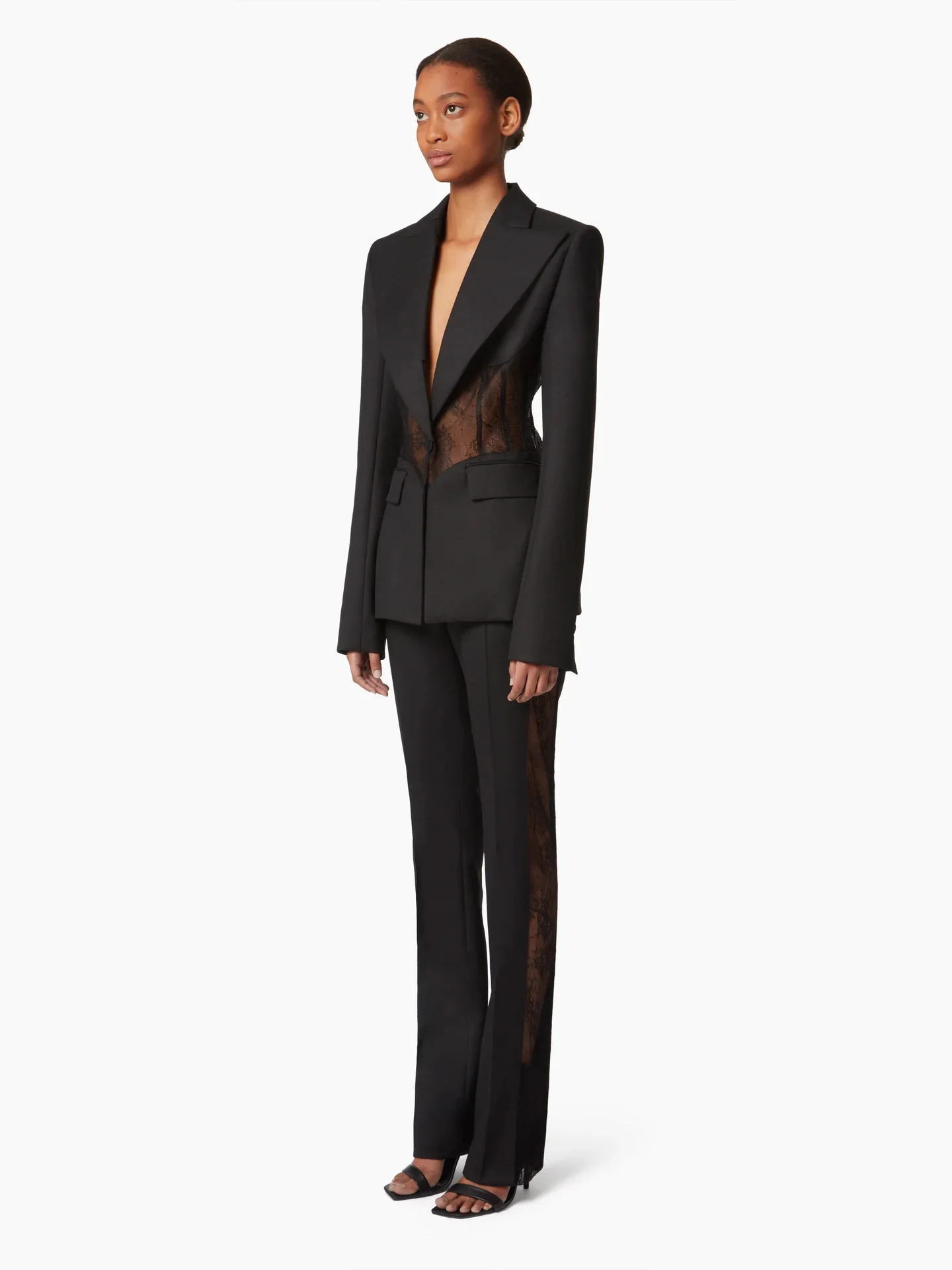 VGH Design Lace Splicing Fishbone Suit Jacket Black One Button Waist Cinched Business Style Long Sleeve Polyester Fiber Women...