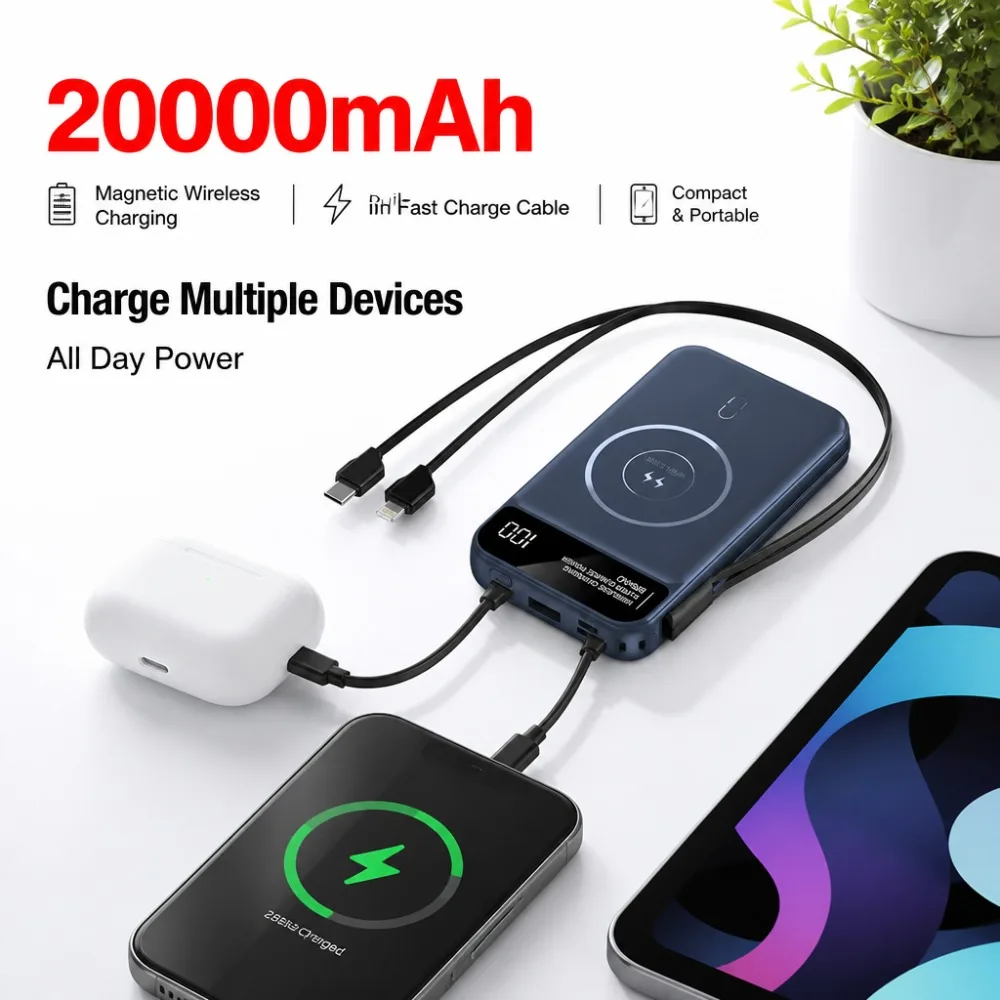 20000mAh Magnetic Portable Charger, Fast Charging Built-in Cables, Compact Power Bank with Wireless Charging for Smartphones