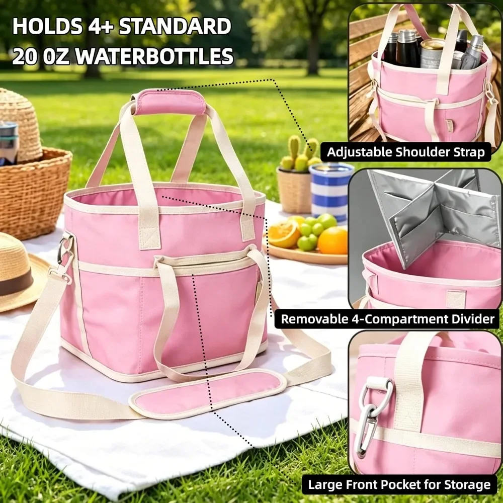 Insulated Cooler Tote Bag, Removable Divider Wine Bottle Carrier, Leakproof Thermal Picnic Bag W/ Adjustable Shoulder Strap