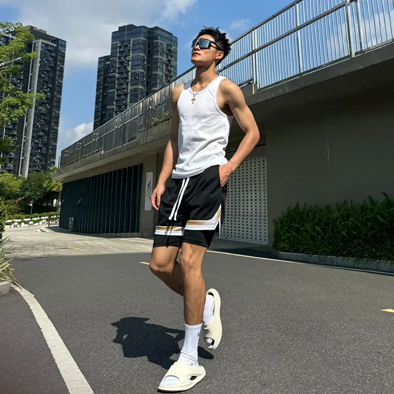 Pantalones cortos americanos falsos de dos y tres puntos para hombre, pantalones cortos transpirables de secado rápido para correr, deportes, gimnasio y Fitness, verano