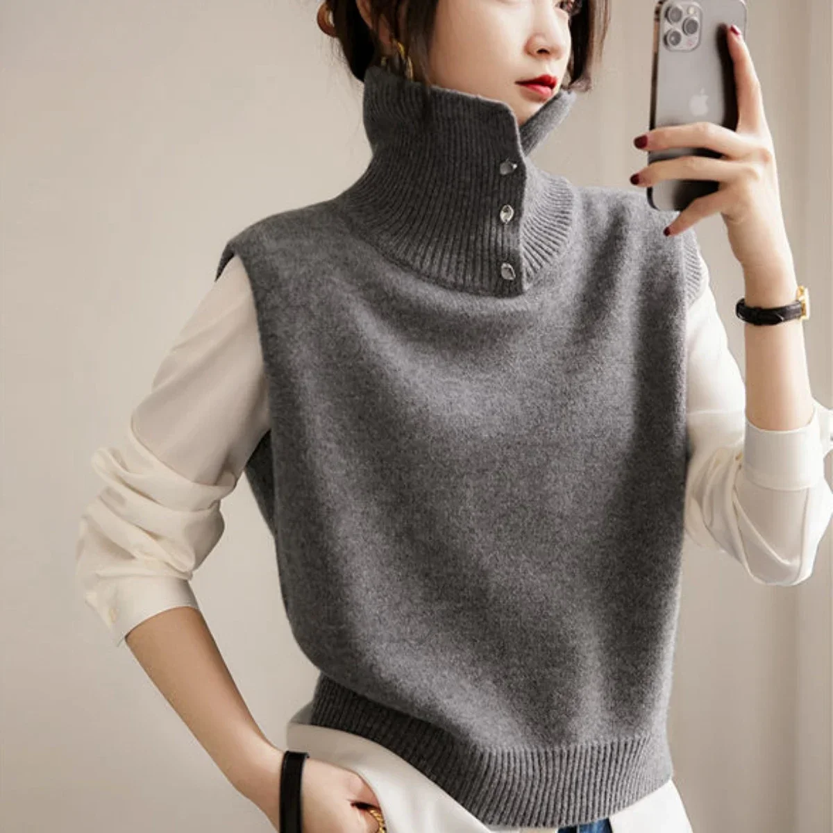 Winter Button Ladies Sweaters Grey Knitted Top for Women Gigh Neck Jerseys Vest Turtleneck Autumn 2024 Cold Jumper Korean Luxury