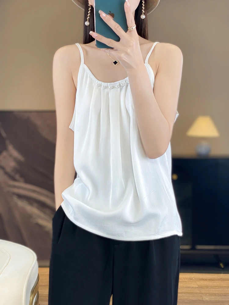 

Oversize New Arrival T-Shirt Silky Satin Surface Women's Camis Sleeveless Tank Top Casual Slim Solid Lady Clothes Fashion Trends