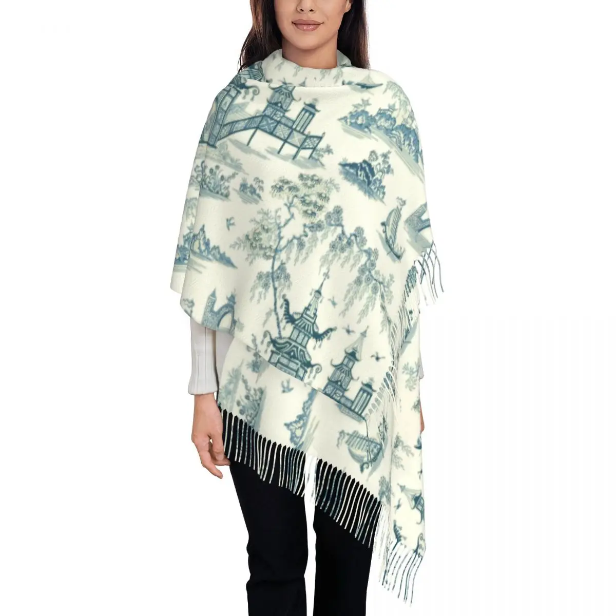 Oriental Pagoda Chinoiserie Vintage Temple Garden Scarf Women Luxury Winter Wrap Shawl Tassel Wraps