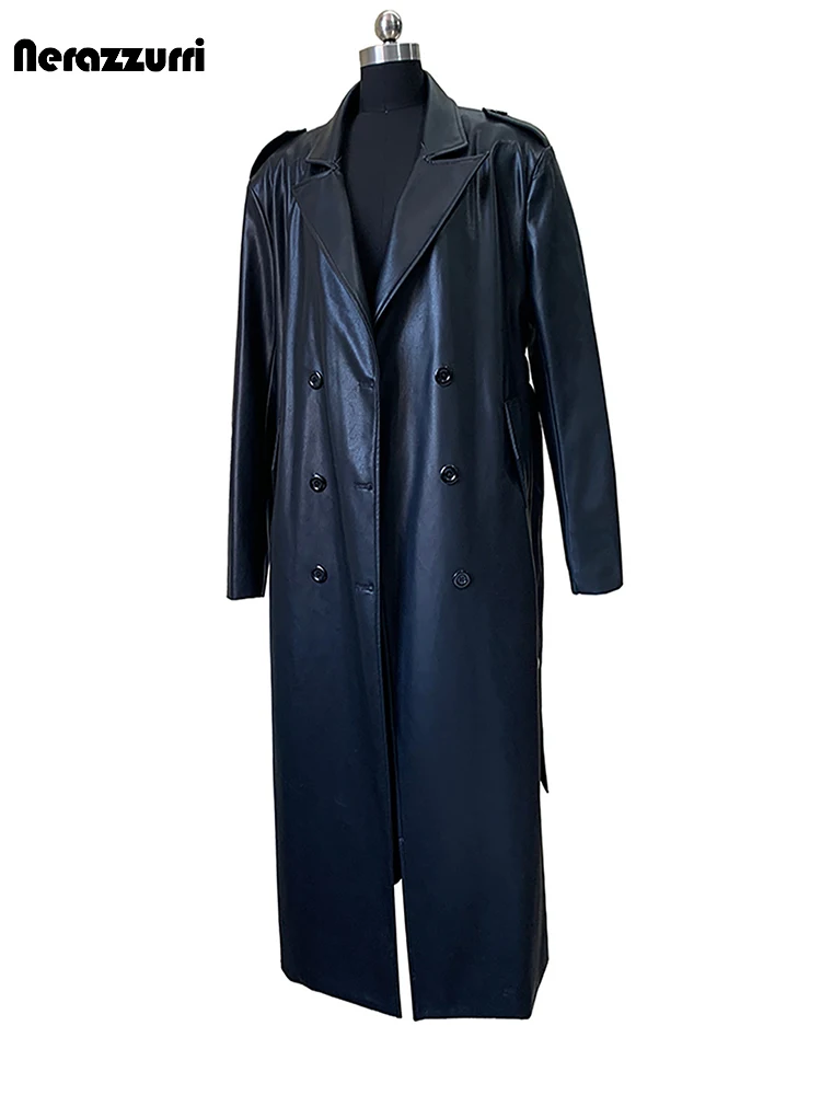 Nerazzurri Autumn Extra Long Black Soft Pu Leather Trench Coat for Women Shoulder Pads  Loose Casual Luxury Designer Overcoat