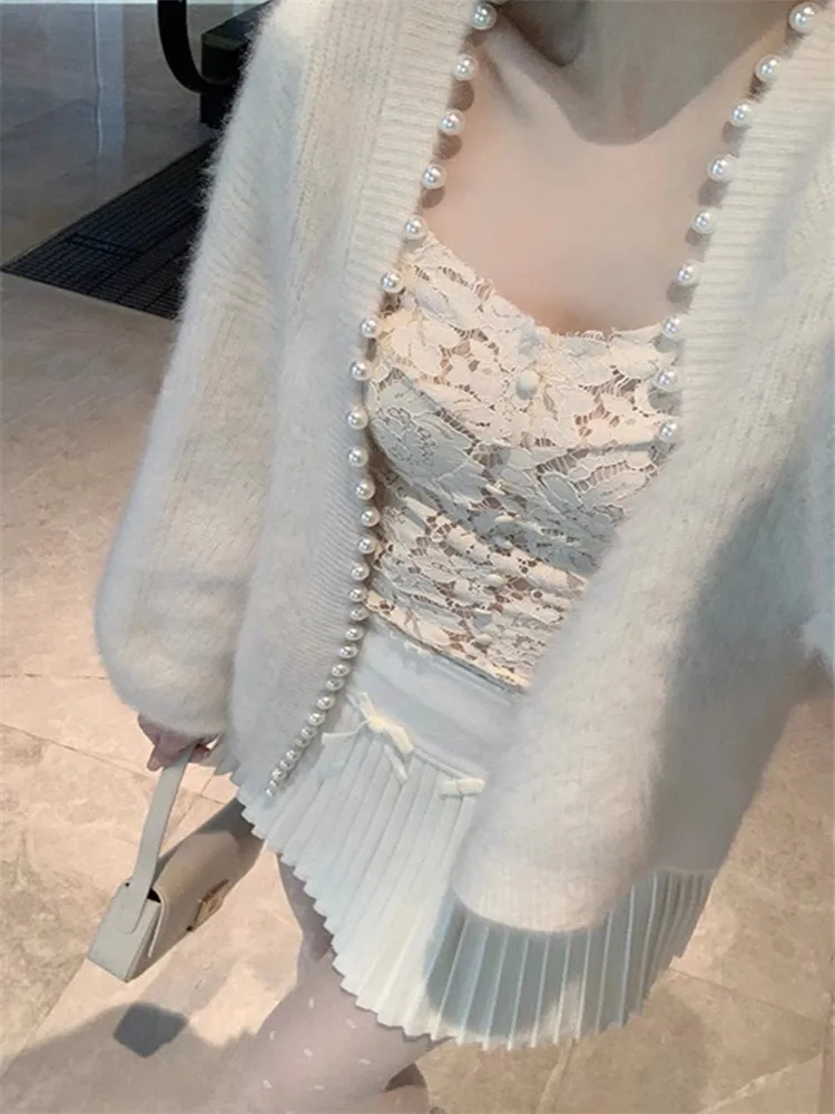 

Белый новый осенне-зимний мягкий вязаный кардиган с жемчужным подолом, элегантный женский свободный повседневный свитер с длинными рукавами, трикотажное пальто