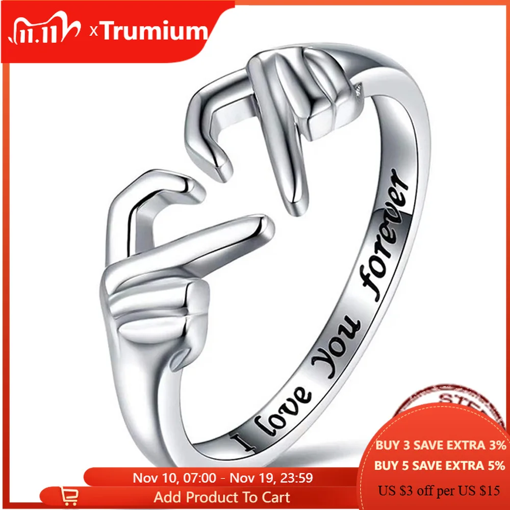 

Trumium 100% Silver 925 Hollow Romantic Heart Hand Hug Open Rings for Women Teen Girls Adjustable Finger Ring Punk Gesture