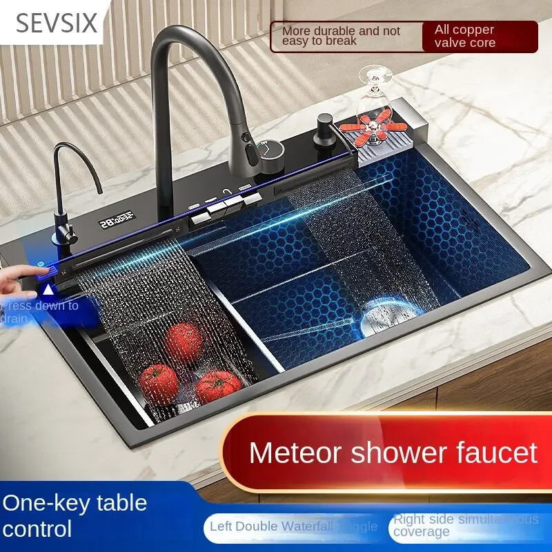 

5 Piano Keys Kitchen Sink with Faucet NANO Black 304 Stainless Steel Honeycomb Anti-Scratch Design Includes Basin Cutting Board
