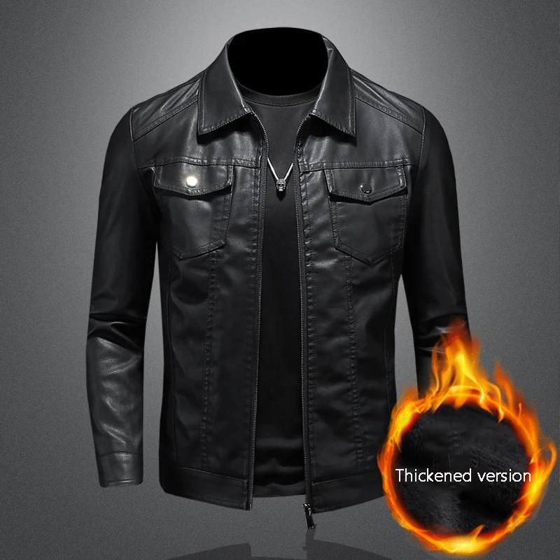 Men\'s lapel leather jacket autumn oversized slim motorcycle riding suit winter thickened PU leather waterproof work clothes