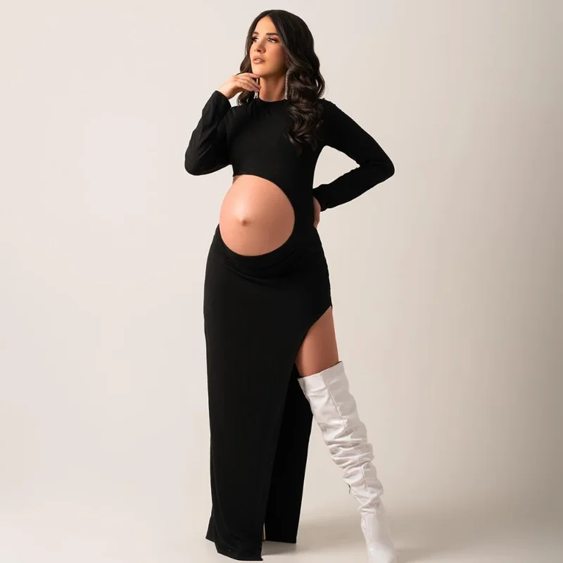 Vestido de maternidad negro para sesión de fotos – Falda larga ajustada - imagen 4