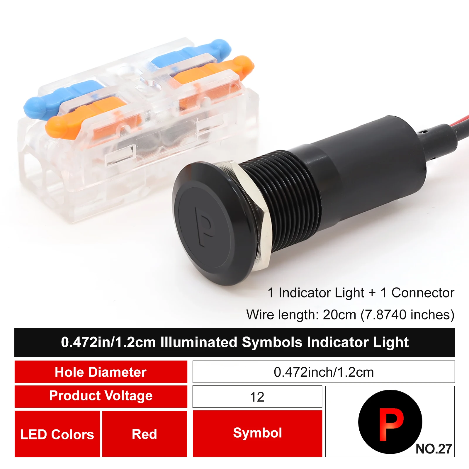 FILN 12mm Symbol-LED-Anzeigeleuchte 12V 24V Schwarze Metall-Anzeigeleuchte mit Kabel für Auto-Armaturenbrett und Maschinen