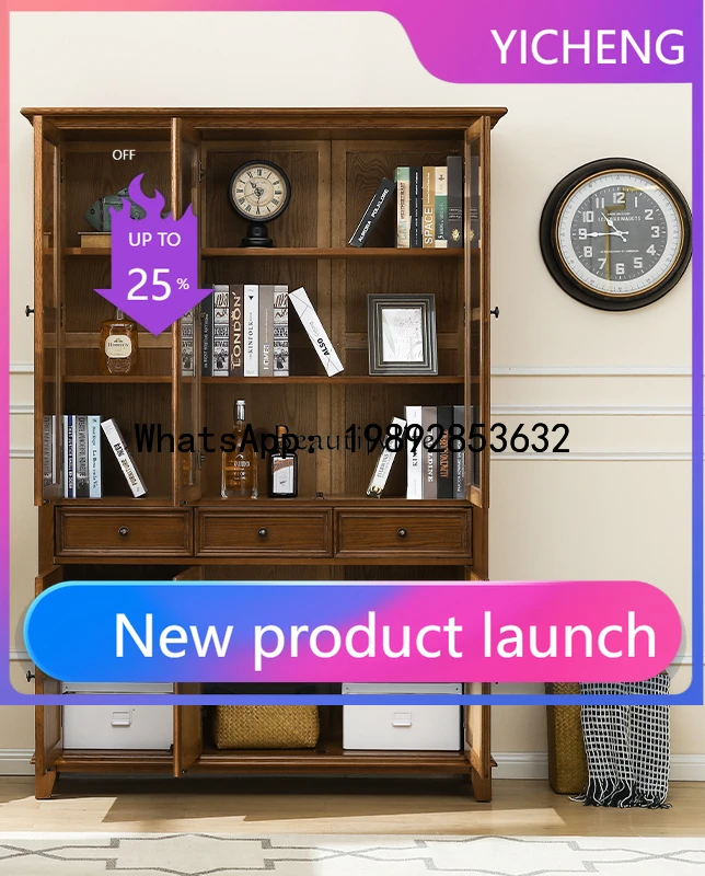 

QQ American rural ash wood walnut three-door bookcase ash wood solid wood dust bookshelf