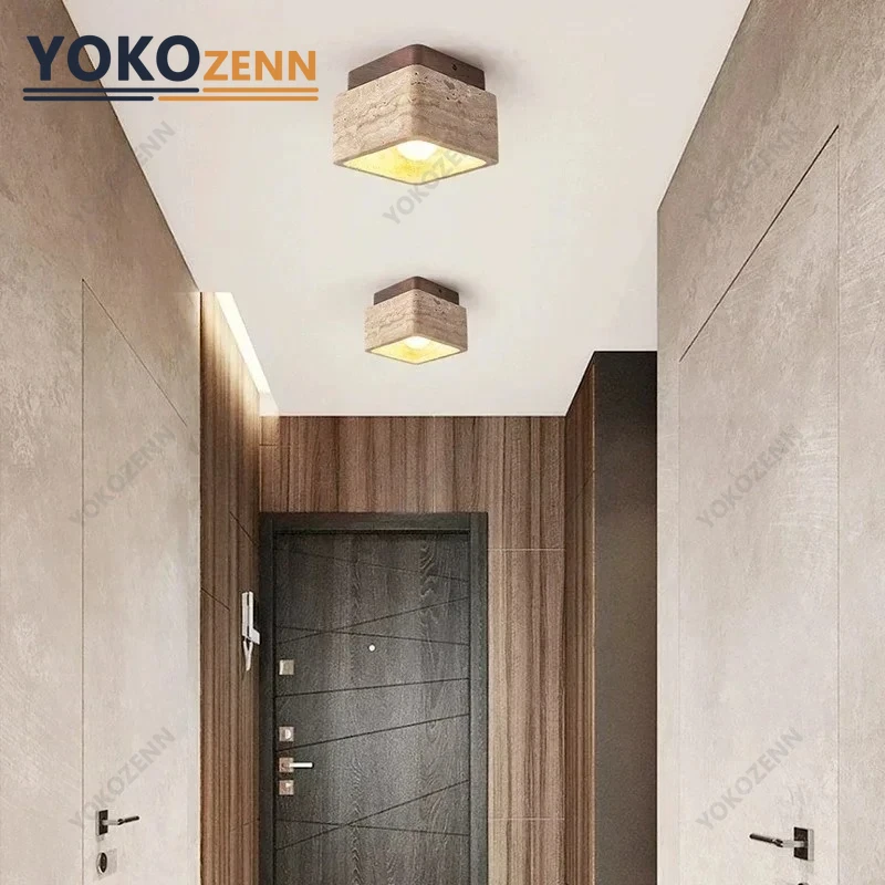 

YOKO Wabi Sabi Yellow Travertine LED Ceiling Light Natural Stone Flush Mount Lamp for Bedroom Living Room Corridor Hallway Decor