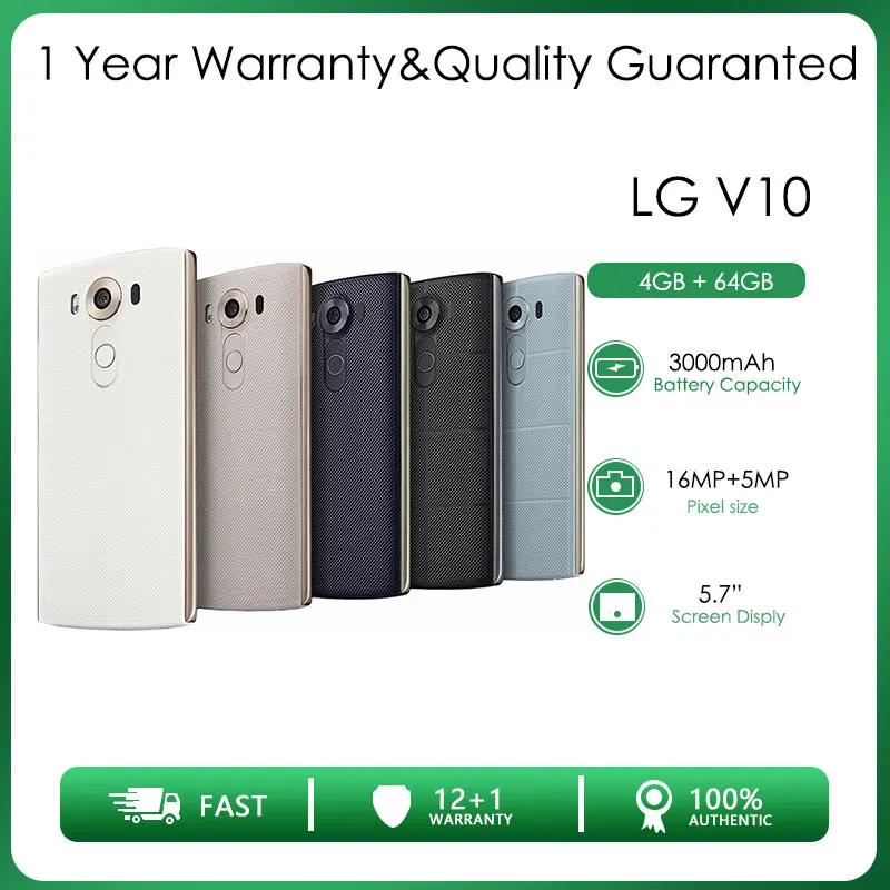 Original Unlocked LG V10 Single Sim 4GB RAM+64GB Hexa-core 16MP 5.7'' 3000mAh Android 5.1.1 NFC FM radio QC2 Smartphone