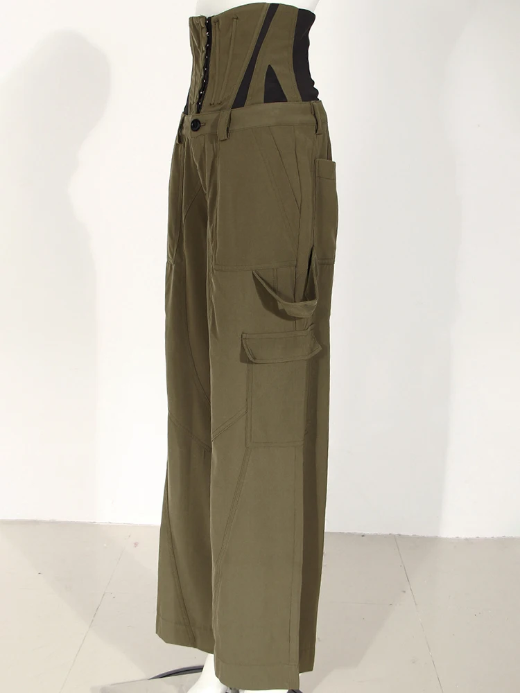 [EAM] High Waist Dark Green Detachable Belt Long Pocket Pants New Loose Fit Trousers Women Fashion Spring Autumn 2024 1DH1696