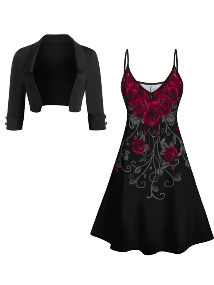 Dressfo – ensemble de robes pour femmes, couleur unie, veste courte ouverte sur le devant et imprimé Rose saignement, col en V, sans manches, tenue d'été