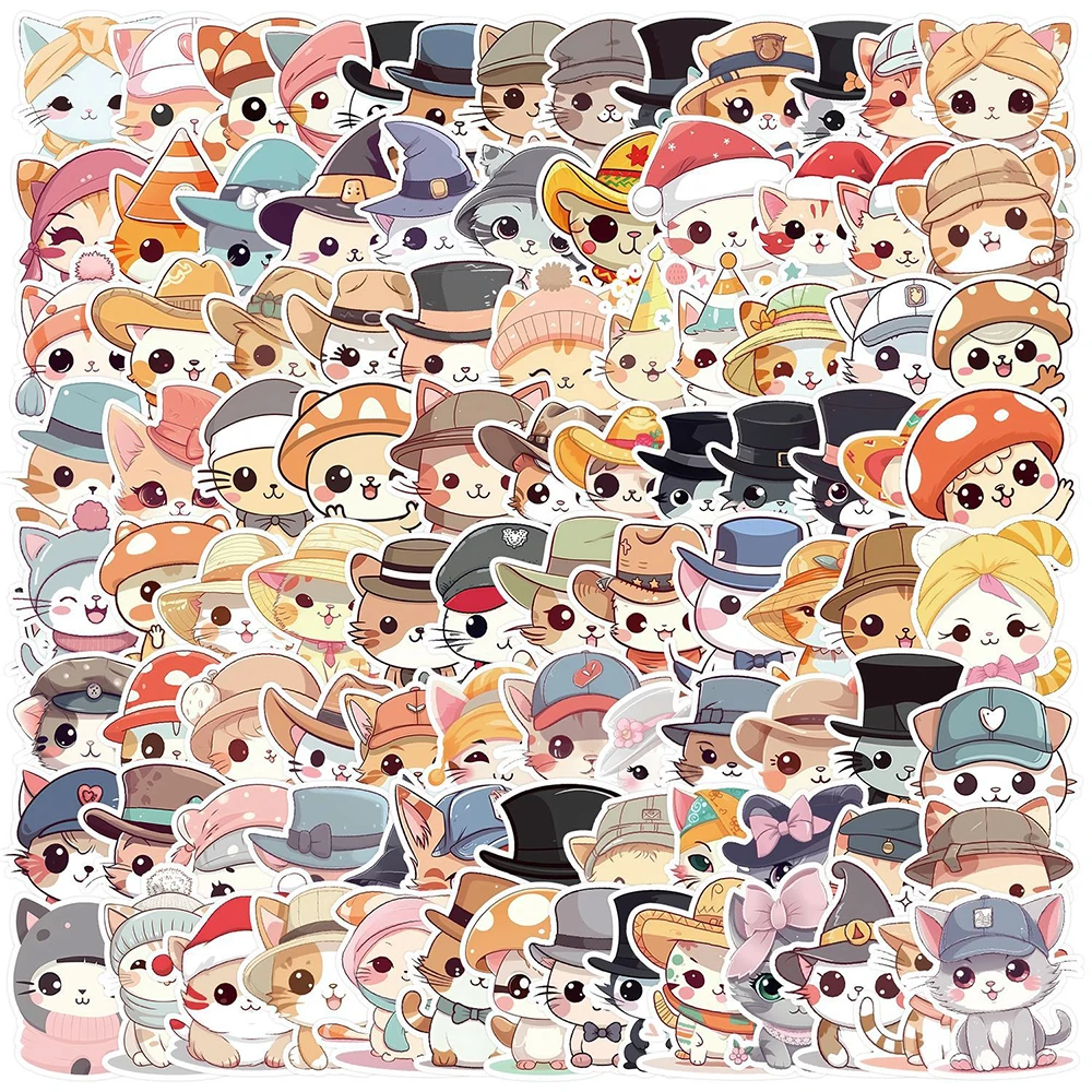 

10/30/50/100pcs Cute Hat Cats Stickers Aesthetic Funny Cartoon MEME Decals Decorative Laptop Stationery Kawaii Sticker for Kids