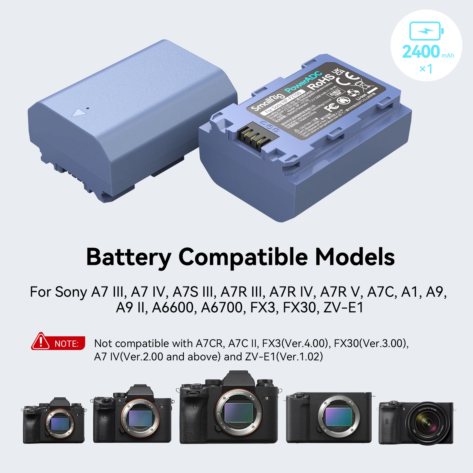 بطارية كاميرا SmallRig USB-C قابلة لإعادة الشحن متوافقة مع NP-FZ100 لهاتف Sony A6700 / FX3 / FX30 / ZV-E10 II / A7 III / A7 IV