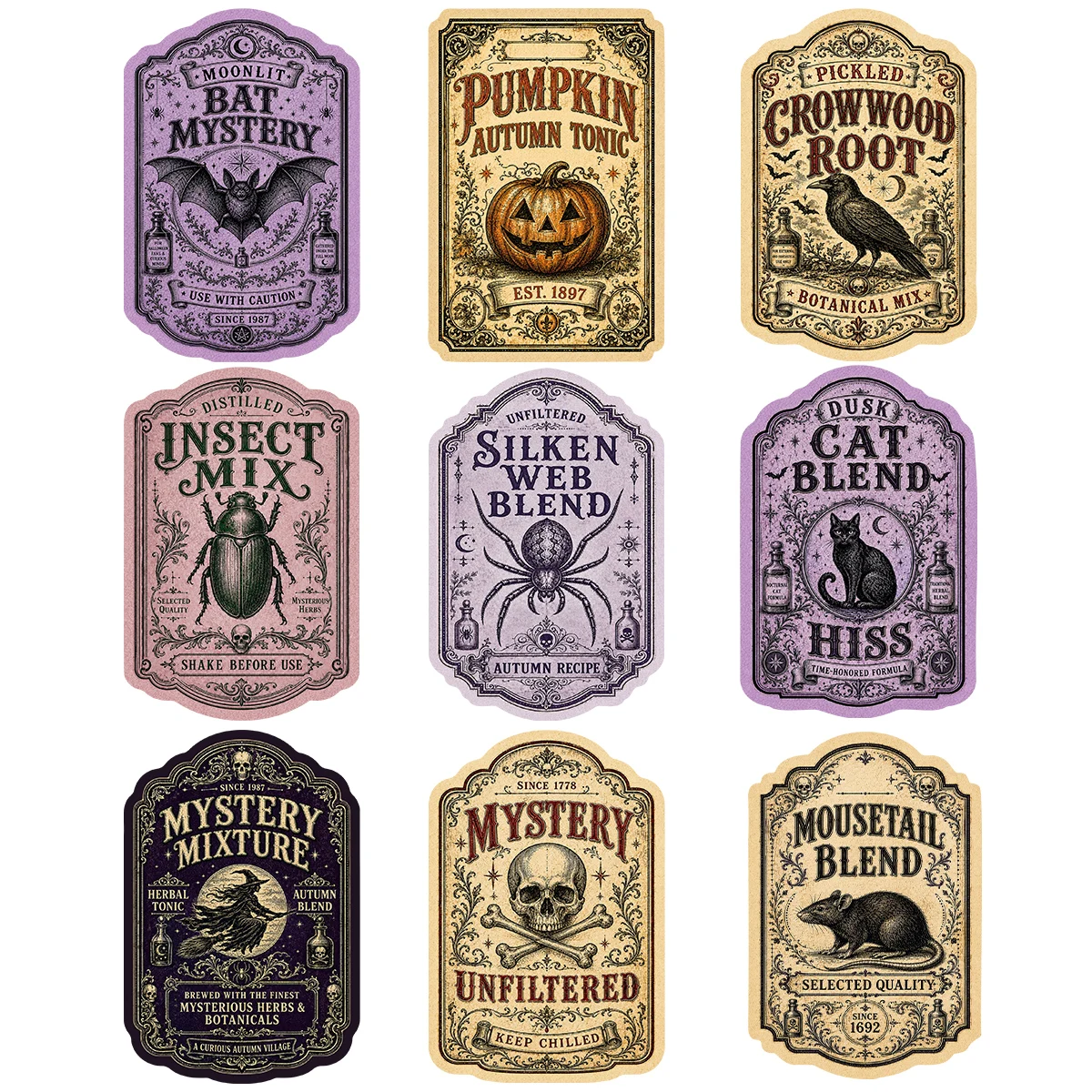 9pcs Vintage Halloween Apothecary Style Stickers,Witch Potion Bottles Labels,Bottles Gothic Spooky Decals,Halloween Party Decor