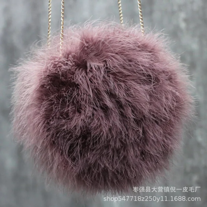 Luxury Women Ostrich Feather Evening Bags Female Party Wedding Dress Shoulder Clutch Fairy autumn and winter round chain Handbag