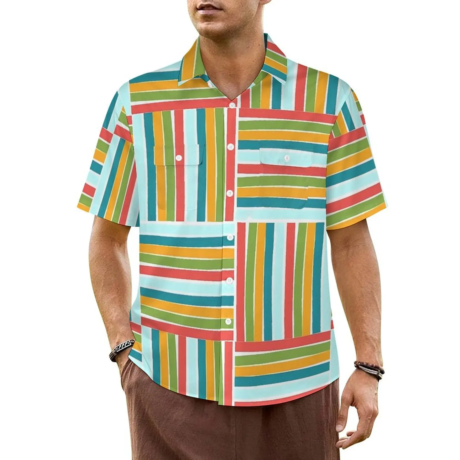 

Color Block Hawaii Shirt For Man Beach Colorful Stripes Casual Shirts Short-Sleeved Streetwear Design Novelty Oversized Blouses