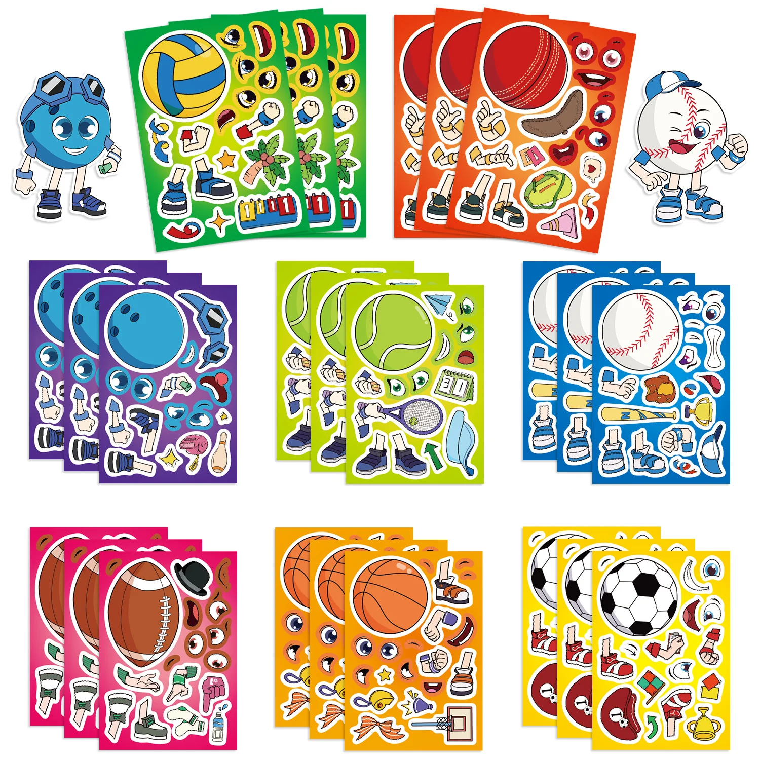 

8/16Sheets Mixed Ball Games Make a Face Puzzle Stickers Creative Football Volleyball Decal Laptop Phone Cup Party Gifts Kid Toys