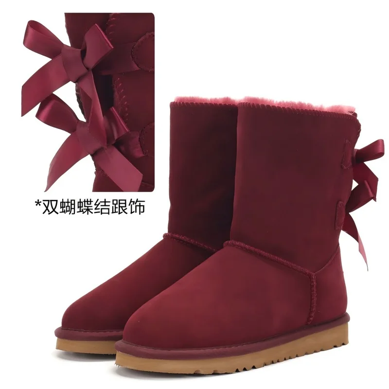 

2025 Black Mid-barrel Snow Boots two Bow-tie Women's Boots Thick Warm Winter Boots Large Size Women's Cotton Shoes
