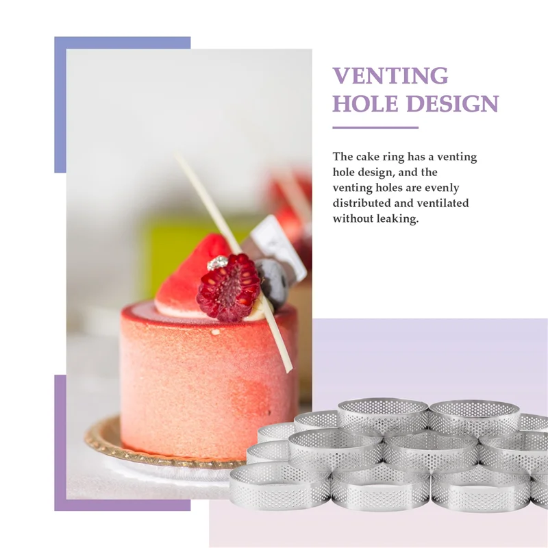 

LICE-20Pcs Circular Tart Rings With Holes Fruit Pie Quiches Cake Mousse Kitchen Baking Mould Perforated Cake Mousse Ring 8Cm