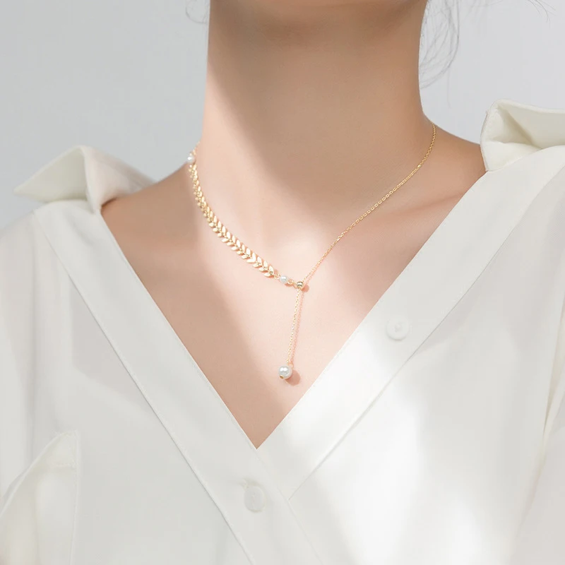MODIAN Gold Color Wheat Ears Pearl Pendant Necklace for Women 925 Sterling Silver Luxury Wedding Necklace Fashion Fine Jewelry