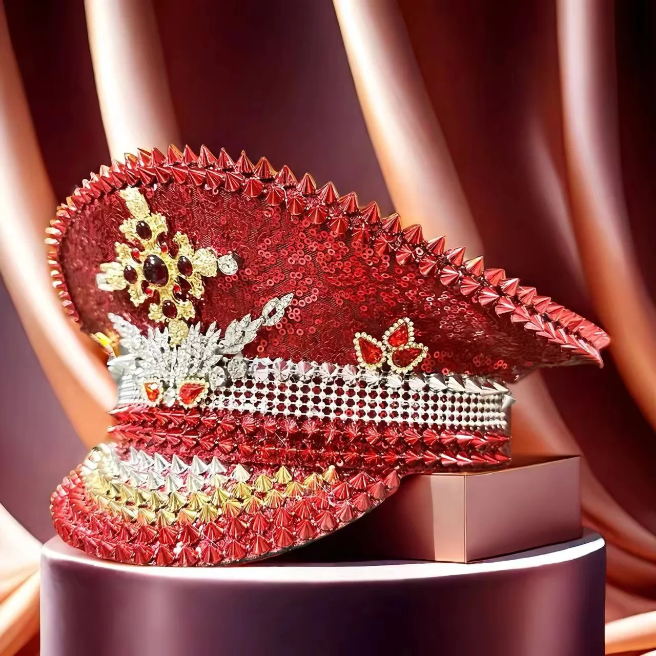 HongLuan Yellow Laser Leather Loop Captain Hat Rhinestone & Military Caps for Woman, Rave Festivals Accessories ＆ Party Cap Man