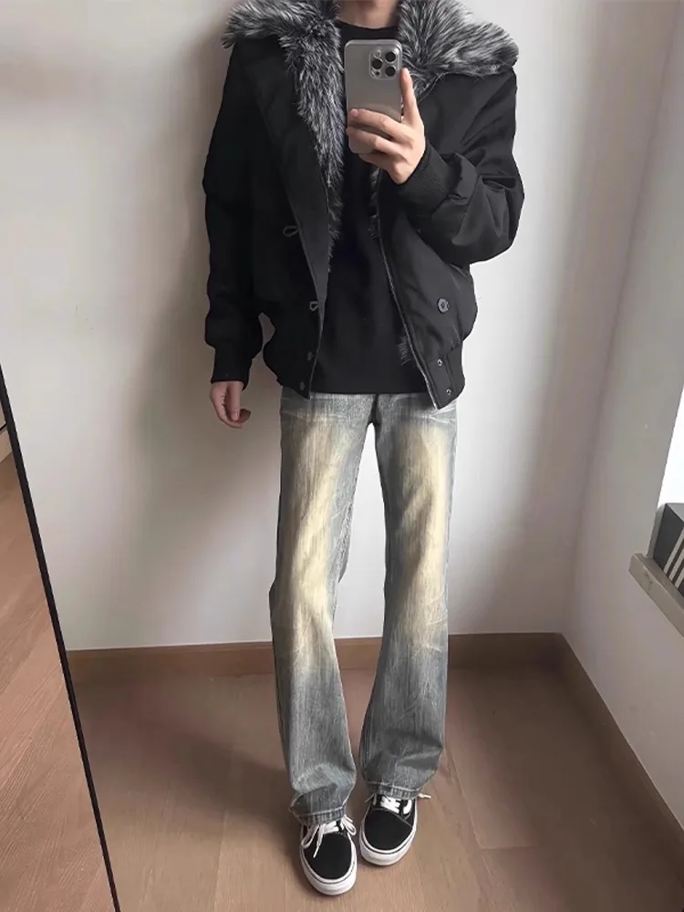 

Retro Waed American High Street Men's Jeans High Waist Slim Straight Leg Denim Pants Autumn Faion Straight Tube Trousers