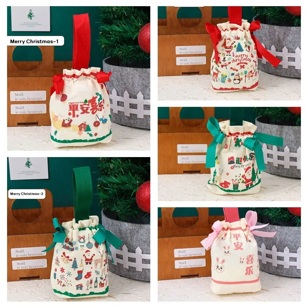 Cartoon Canvas Christmas Gift Bag Portable Large Capacity Candy Handbag Drawstring Pocket Christmas