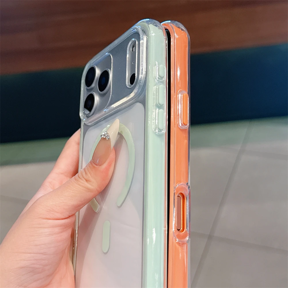 2 في 1 حافظة هاتف شفافة مغناطيسية لهاتف آيفون 17 برو ماكس 16 15 بلس 14 13 12 11 لأجهزة هوائية Magsafe غطاء شفاف مقاوم للصدمات