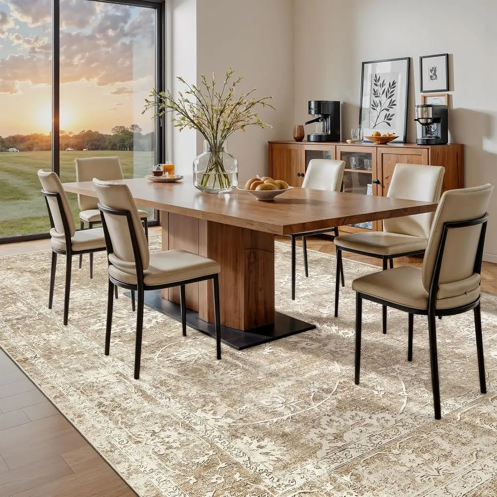 Vintage Beige/Brown 8x10 Rug, Soft and Machine Washable with Non-Slip Backing for Living Room and Bedroom