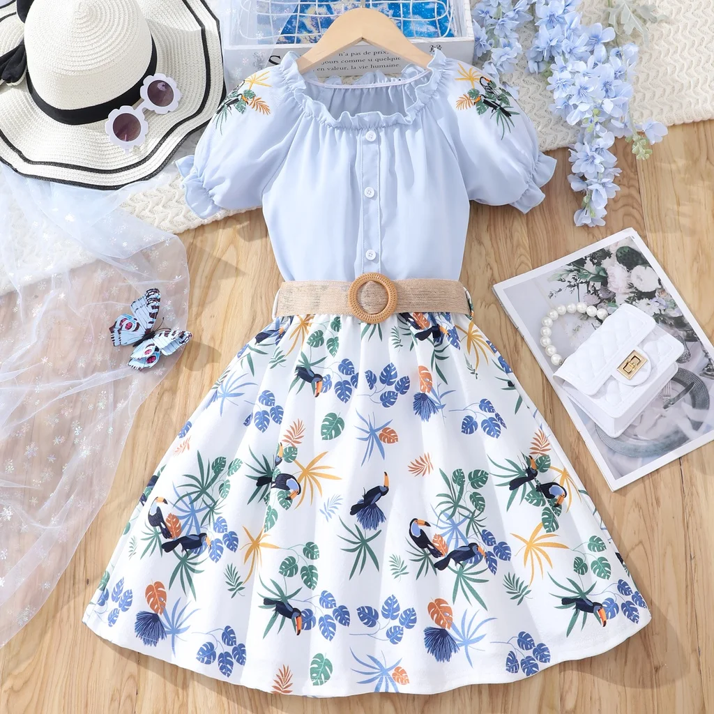 Dress Girl Top+Skirt Set Fashion Floral Summer Big Kids Princess Dresses Children Birthday Party Dress Women Dress