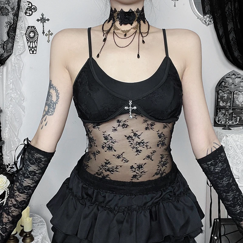 2026 New Retro Gothic Mesh Camisole Women Aesthetic Vintage Sexy See Through Cross Crop Tank Tops Emo Alternative Grunge Clothes