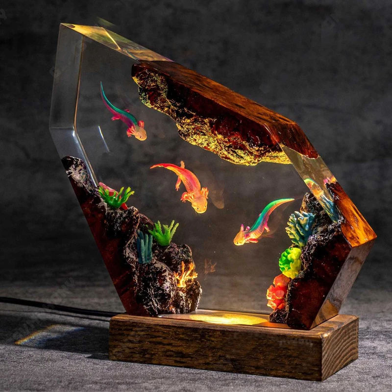 

Настольная лампа-саламандра из смолы, сцена с природными элементами, красочный ночник, креативный художественный декор для дома, USB-зарядка