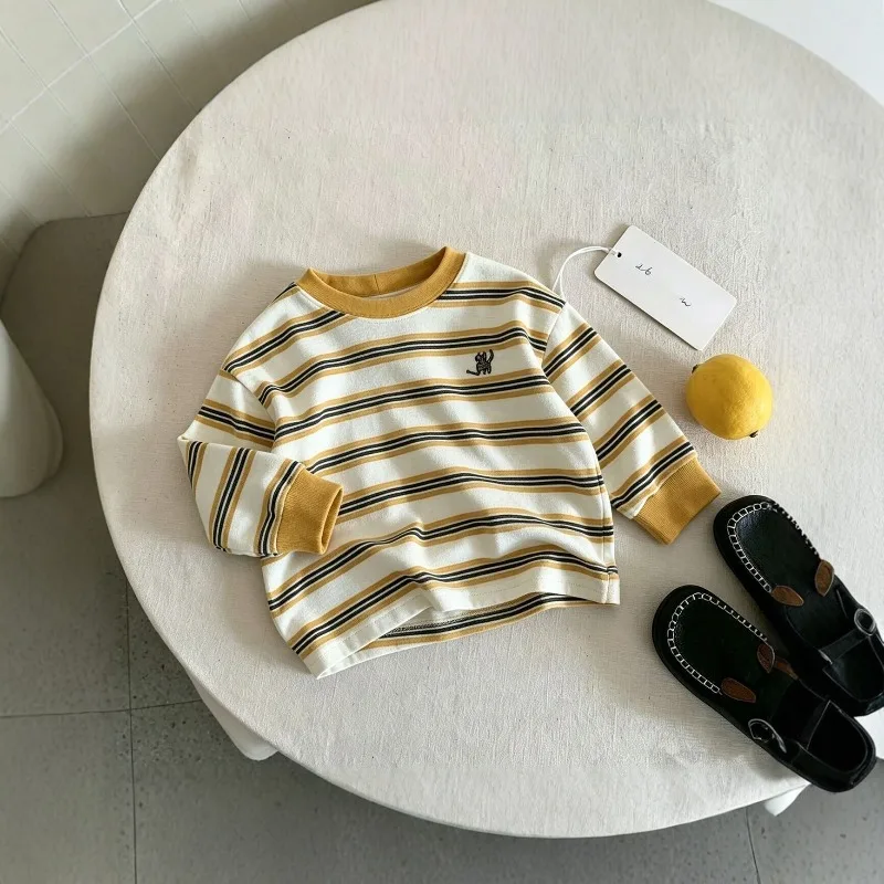 2026 Autumn Children Boys Long Sleeves Round Collar Striped Kids Baby Boys T-shirts Loose Versatile Toddler Boys Undershirts Top