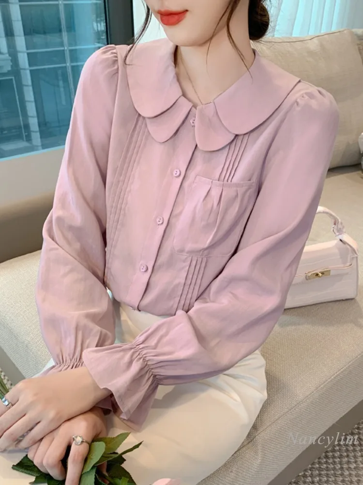 

Doll Collar Long Sleeve Pink Shirt for Women 2024 New Spring and Autumn Temperament Shirt Design Sense Niche Top Buttons Blusas