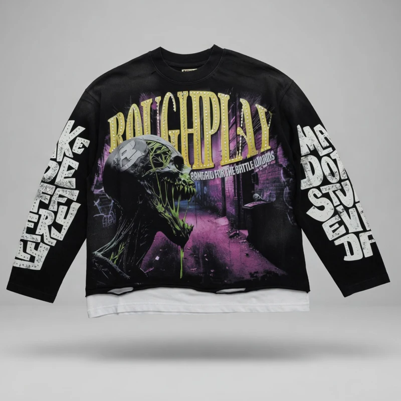 Men's Women's Loose High Street Hip Hop Rough Play Long Sleeved Summer Spring New High-quality Vintage Washed Black Top