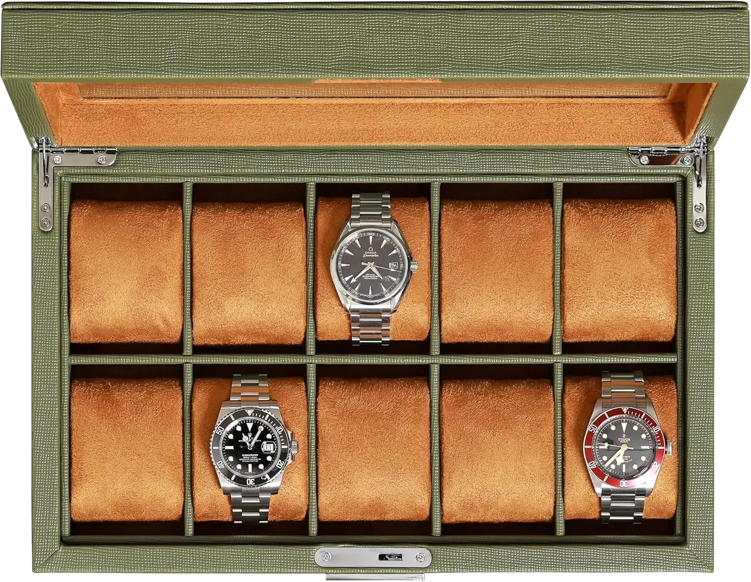 

10 Slot Leather Watch Box with Glass Top Locking Display Case Organizer for Men Women Green Tan