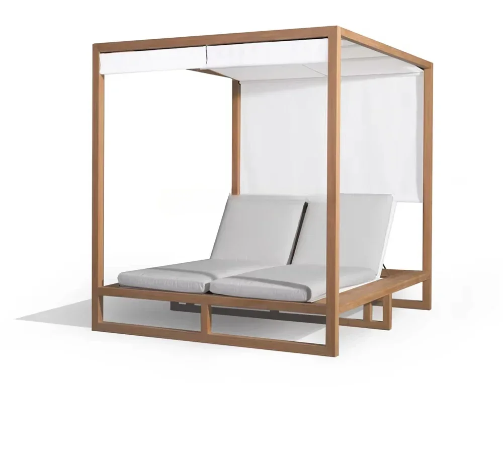 -High end outside furniture teak wood cube daybed garden furniture canaba bed with sunshade teak daybed