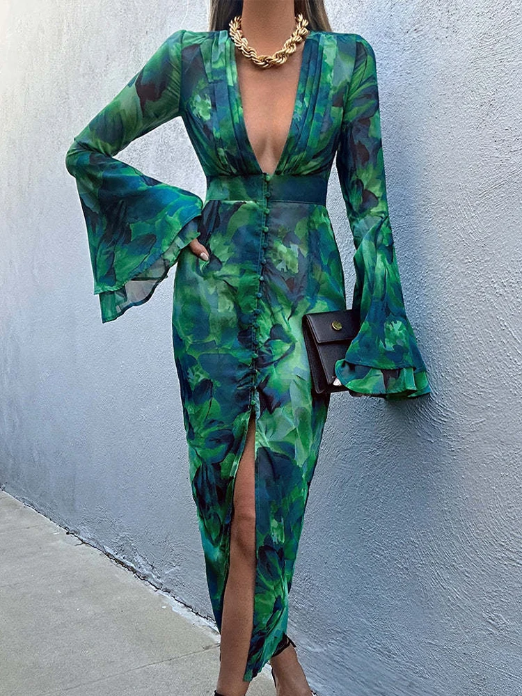 Boho Print Lange Jurken Vrouwen Zomer Sexy V-Hals Doorzichtige Jurk Vrouwelijke Flare Mouw Tie-Dye Ruches Slanke Strandvakantie Jurk