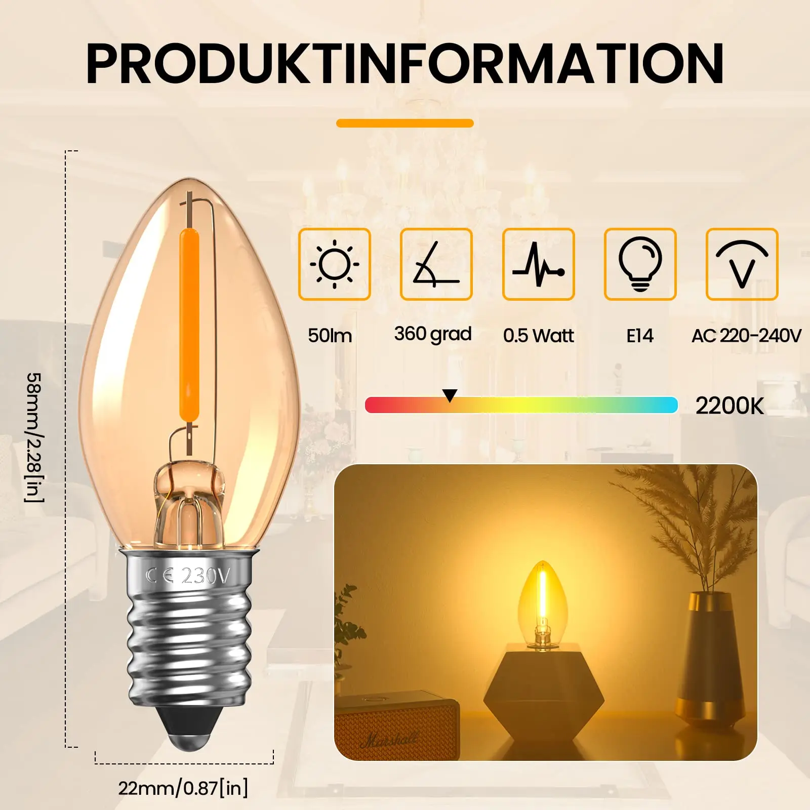 Edison Led Candle Light Bulb E12 E14 Dimmable Bulb Warm White 2200K C7 0.5W Home For Decor Lighting Ampoule Candle Bulb