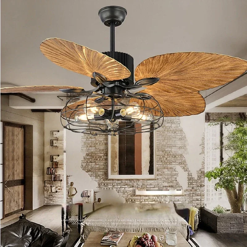 American Retro Fan Light Living Room Dining Room Ceiling Fan Lamp Leaf with Light Ceiling Fan Household Silent Electric Lighting