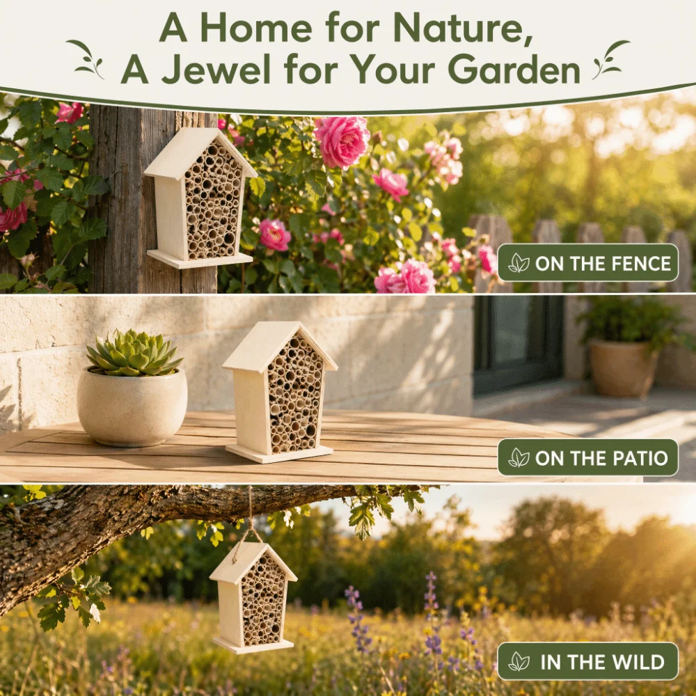 2 Pcs Safe Wood Wooden Bee House Reed Non-Toxic Bee Hotel Wall Mountable Durable Nesting Box Balcony