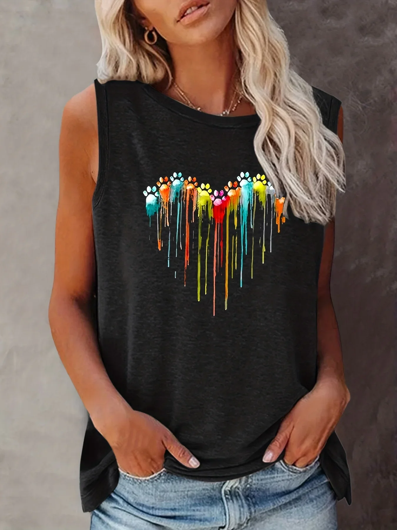 Colorful Paw Print Crew Neck Tank Top, Casual Sleeveless Top For Summer, Women\'s Clothing