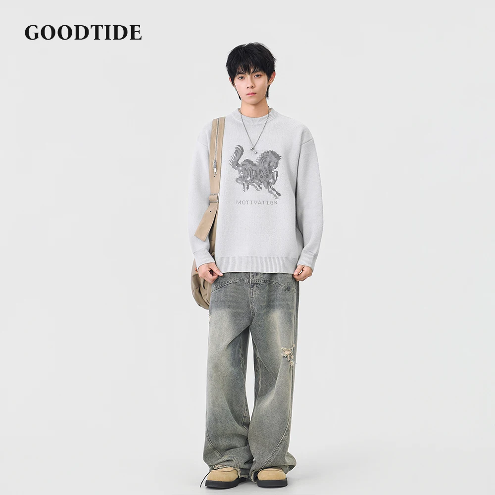 Fashion Men's Casual Crew Neck Sweater 2025 Winter New Horse Pattern Print Knitted Pullover Soft Long Sleeve Jumper Top