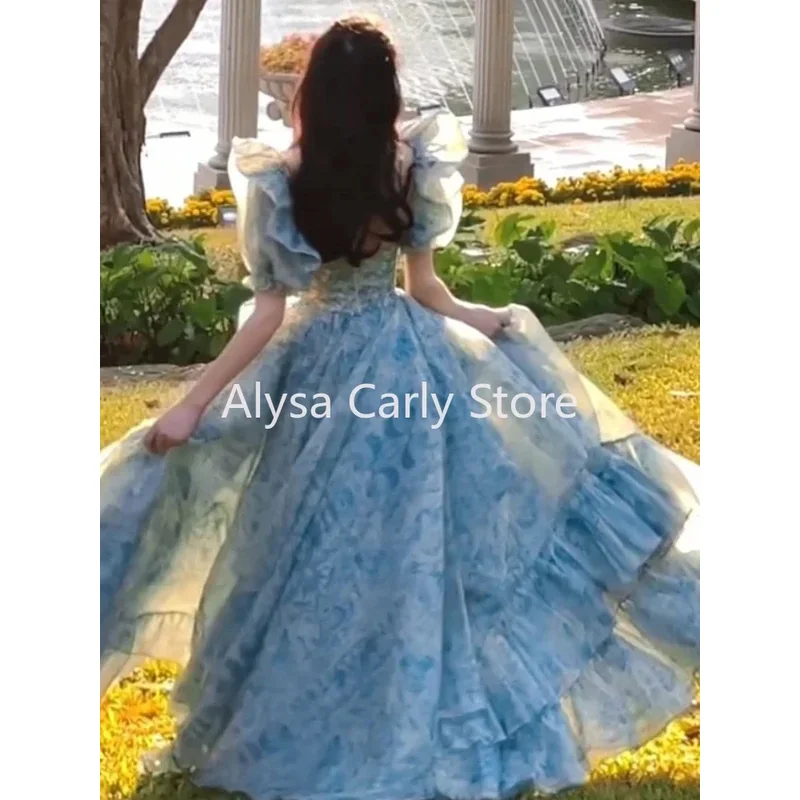 CyElegant 프린세스 플로럴 미디 드레스 여성 퍼프 슬리브 캐주얼 페어리 쉬폰 드레스 2025 겨울 저녁 한국 파티 로리타 드레스