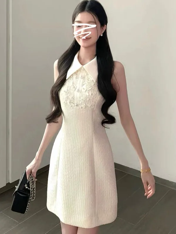 

Sweet Style Sleeveless Stand Collar Lace Pearl Heavy Embroidery a Line Vest Dress Short Skirt New 2026 Elegant Women's Dress